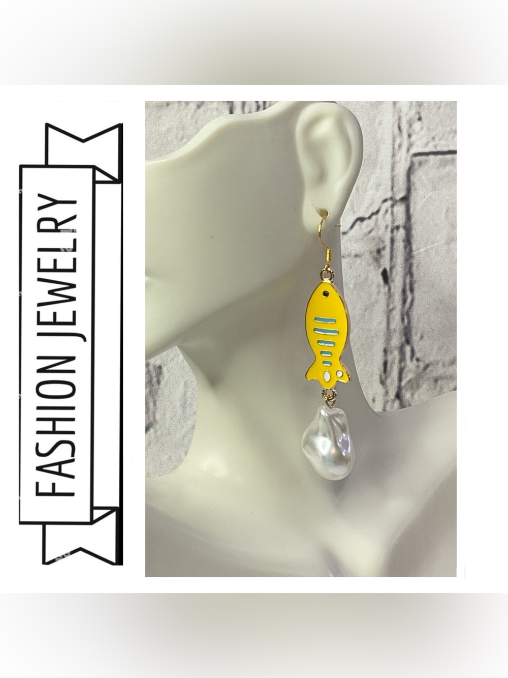 🌟🌟 Yellow Fish Drop Earrings with Baroque Pearl Charm
